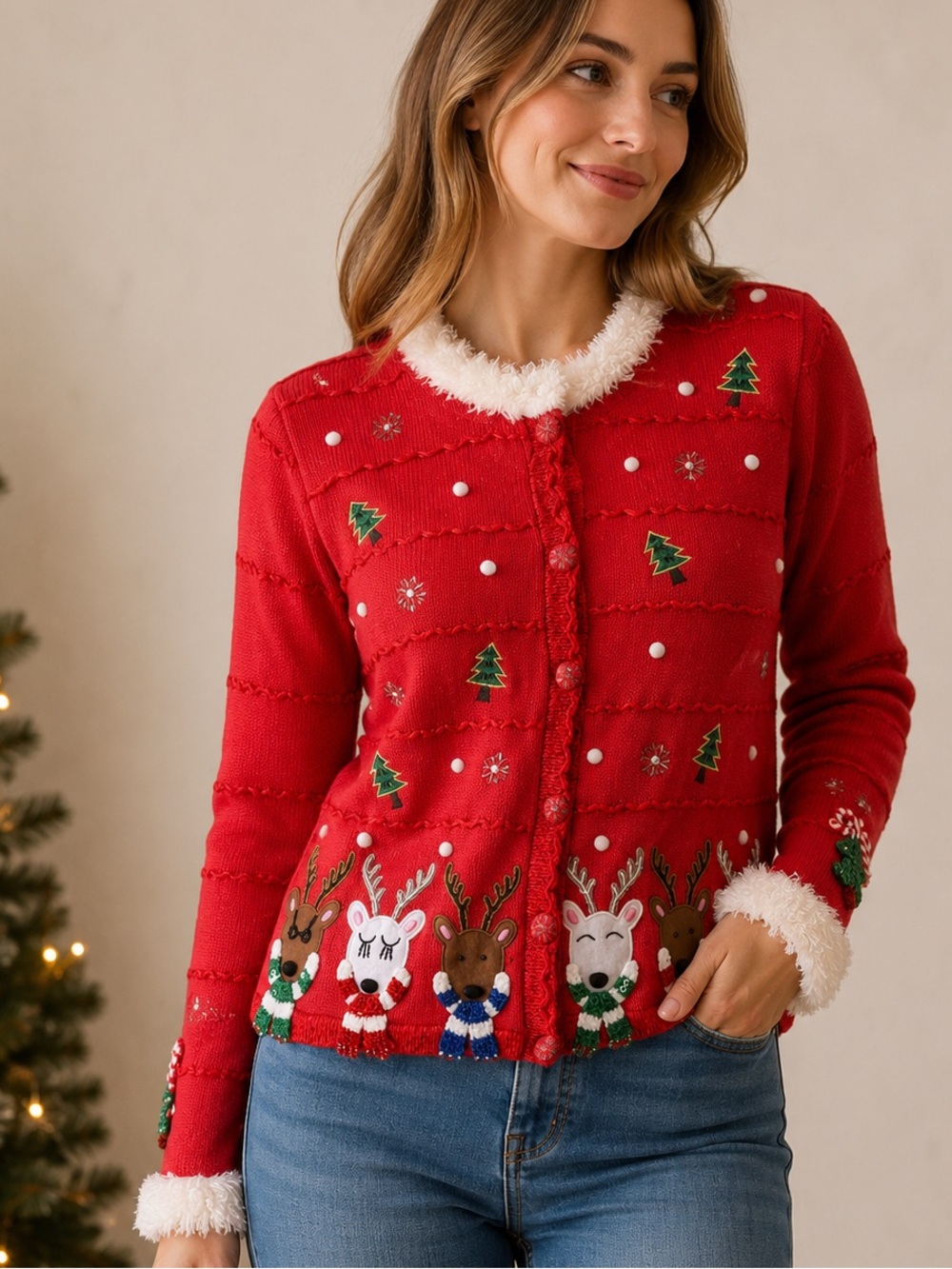 Berek Ugly Christmas Sweater Cardigan Reindeer Grandmacore Kidcore Size S